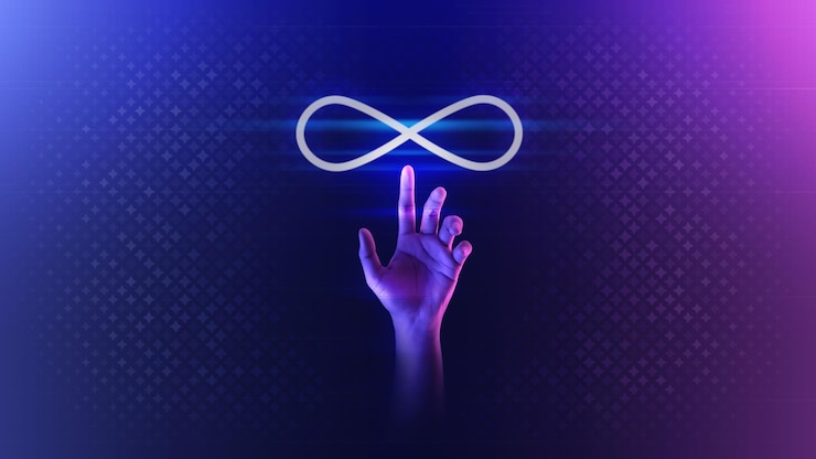 Foto tocco della mano metaverse ciclo infinito tecnologia illimitata connessione digitale futuristica sfondo del mondo cyberpunk di realtà virtuale o esperienza di rete informatica e ologramma innovazione gioco internet