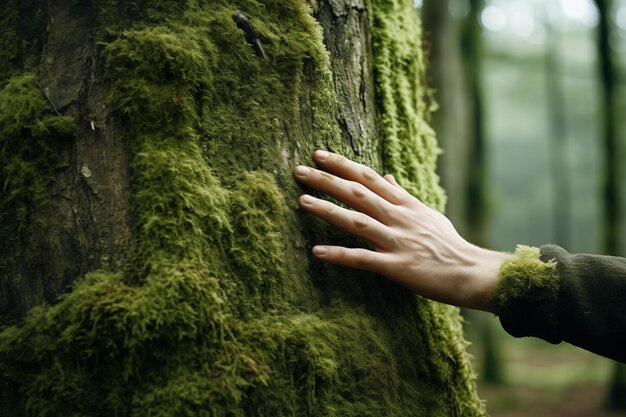 Tocco manuale di muschio fresco sul tronco d'albero nella foresta selvaggia Ecologia forestale Natura selvaggia vita selvaggia