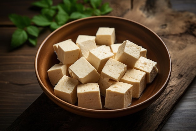 Tofu in stile minimale su fondo in legno rustico generato dall'intelligenza artificiale