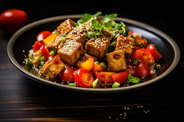 Tofu vegano saltato in padella con semi di sesamo