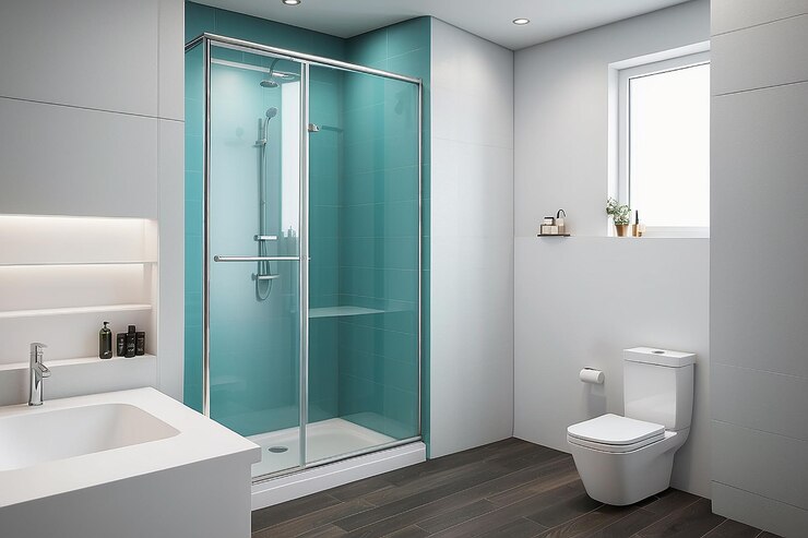 Toilet and shower in bathroom