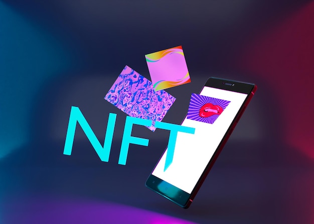 Token NFT non fungibile Creazione di vendita di criptovalute digitali su mercato NFT Vendita di personaggi di giochi asset blockchain e opere d'arte digitali Future criptovalute e ecommerce Rendering 3d