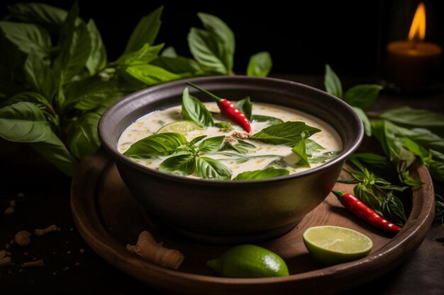 Tom kha kai in una ciotola con foglie di lime