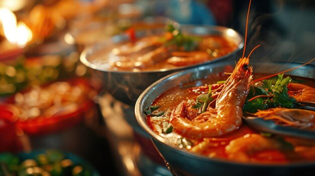 Tom Yum Goong classico contro un vivace mercato di cibo di strada thailandese