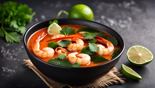 tom yum kung zuppa tailandese piccante con gamberetti in una ciotola nera su uno sfondo di pietra scura vista dall'alto