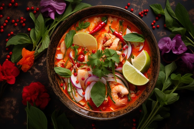 Tom Yum vista superiore della zuppa tradizionale thailandese su uno sfondo nero