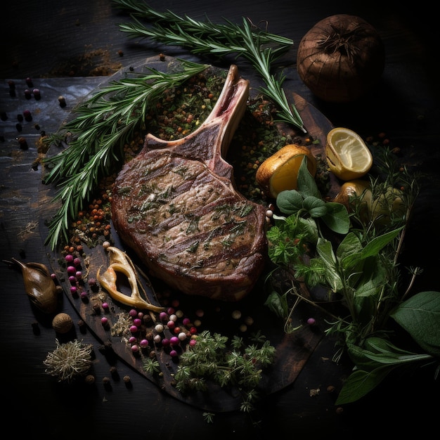 Tomahawk steak con rosmarino fresco e menta vista dall'alto in lussuoso stile cucina michelin