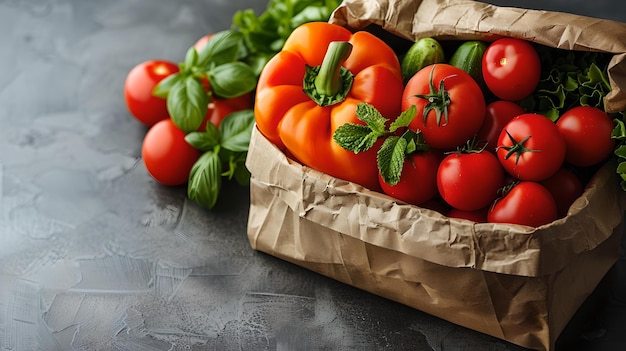 Tomati freschi e peperoncini in un sacchetto di carta su un tavolo buio concetto di acquisto di cibo sano colori vivaci aspetto naturale AI