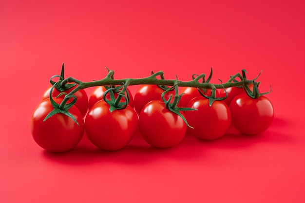 Tomati su un ramo su uno sfondo rosso Tomato fresco, succoso e maturo Frutti di ciliegio rosso Dieta vegana Alimentazione organica sana Verdure ingredienti per la preparazione delle insalate Vitamine per la cottura