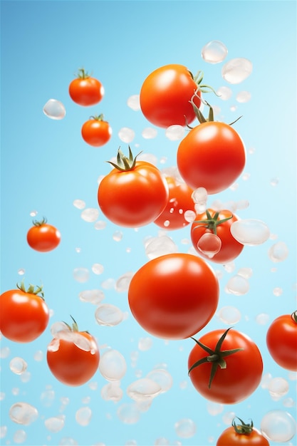 Tomato cadente isolato su sfondo blu contenuto generato dall'AI