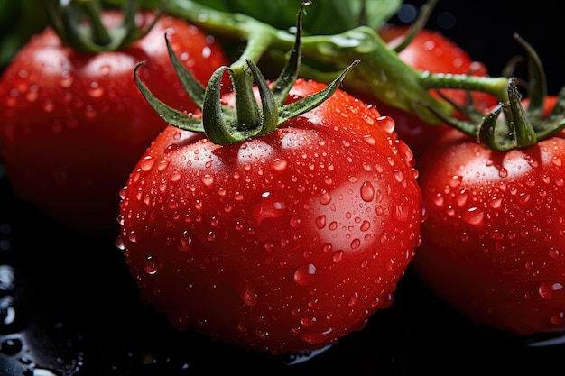 Tomato maturo di colore rosso vibrante, consistenza liscia con gocce di rugiada