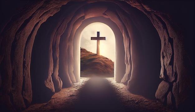 Tomba vuota di Gesù con ingresso aperto e croce AI generativa