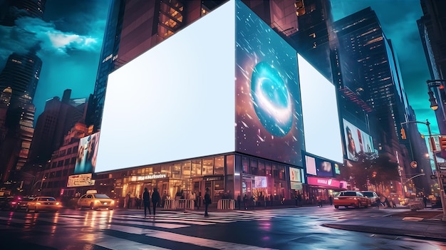 Tomorrowland dove la pubblicità regna sovrana impressionante mockup che torreggia cartelloni pubblicitari digitali in un paesaggio urbano Generative ai