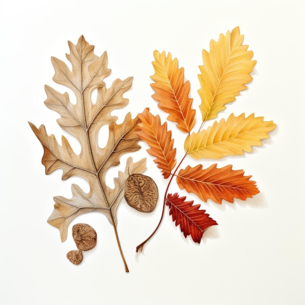 Tonalità dell'autunno Una serena mostra autunnale di querce e foglie di castagno di cavallo su un pastello piatto