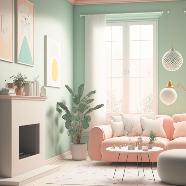 Tonalità di colore pastello carino accogliente soggiorno in stile minimale con mobili