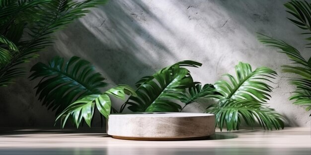 Tonalità di foglia di palma podio in pietra naturale in tonalità di sfondo verde Vetrina cosmetica di bellezza Layout per mostre prodotti cosmetici salute