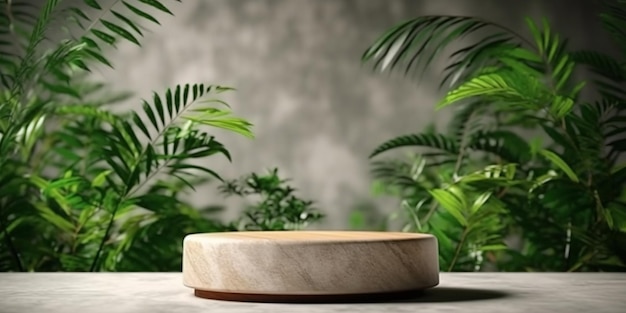 Tonalità di foglia di palma podio in pietra naturale in tonalità di sfondo verde Vetrina cosmetica di bellezza Layout per mostre prodotti cosmetici salute