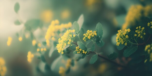 Tonalità naturale dello sfondo leggermente sfocata di fiorellini gialli e fogliame verde