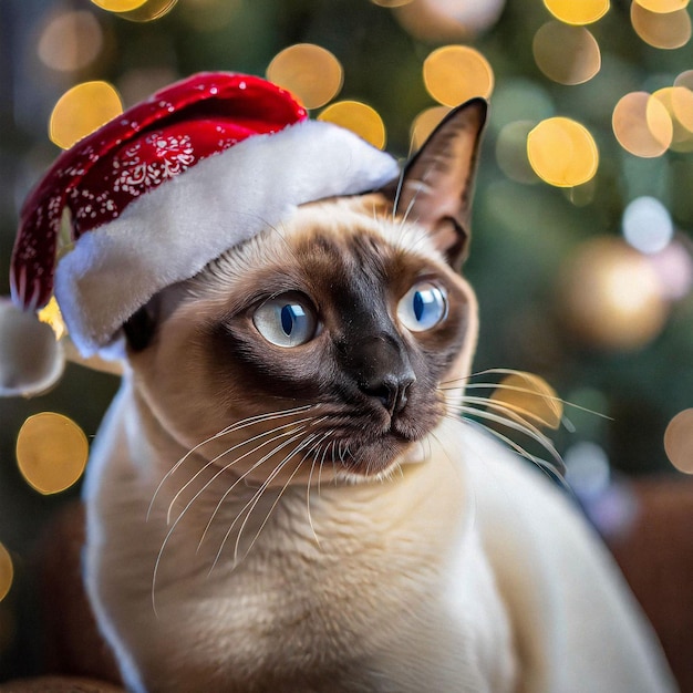 Tonkinese Tranquility Cat in un cappello di Babbo Natale suona l'anno nuovo con eleganza