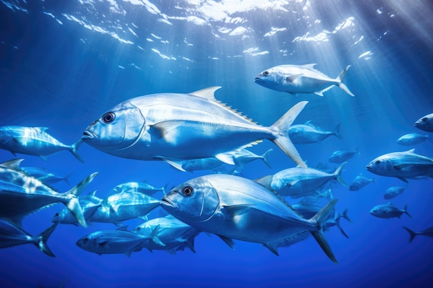 Tonno che nuota sott'acqua nel profondo oceano blu Mondo sott'acqua Un grande banco di Trevally che nuota nel profondo oceano tropicale blu AI Generato