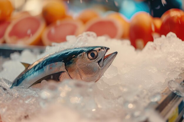 Tonno fresco pescato sul ghiaccio al mercato umido o al negozio di frutti di mare Industria della pesca nell'oceano settentrionale