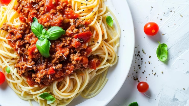 Top down di un classico spaghetti bolognese su uno sfondo bianco