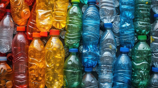 Top shot di bottiglie di plastica texture in un mucchio di bottiglie di plastica sfondo grande spazio Generativa AI