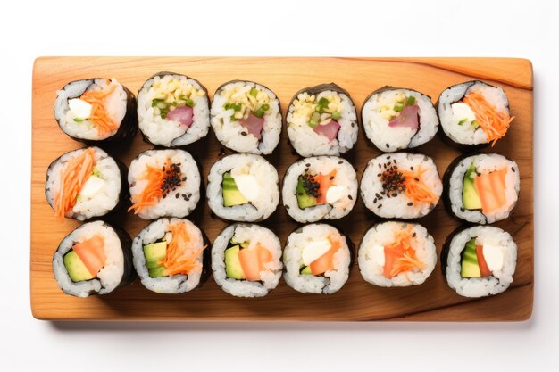 Top Vegan Sushi Rolls su una tavola di legno su sfondo bianco