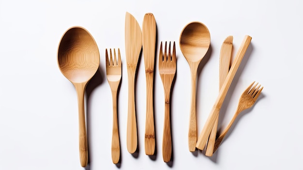 Top_view_and_flat_lay_of_bamboo_wooden_cutlery_isolated on white con Generative AI Technology