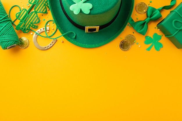 Top view foto di leprechaun copricapo scatola regalo trifoglio a forma di occhiali da festa bobina di filo pappone monete d'oro ciambelli ferro di cavallo e spruzzate su sfondo giallo isolato con spazio vuoto