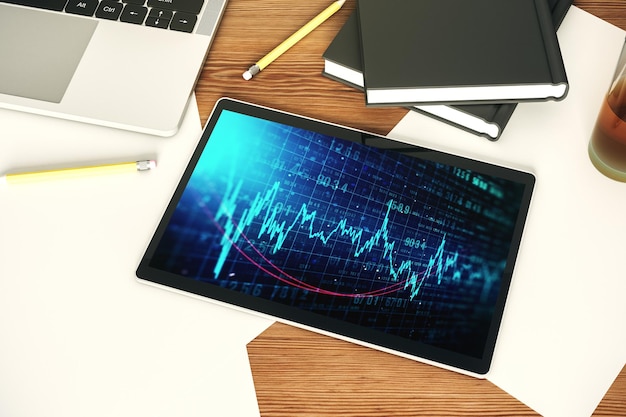 top view of abstract creative financial diagram on modern digital tablet display banking and accounting concept 3d rendering