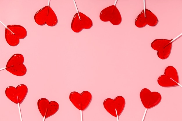 Top view over heart shaped lollipops