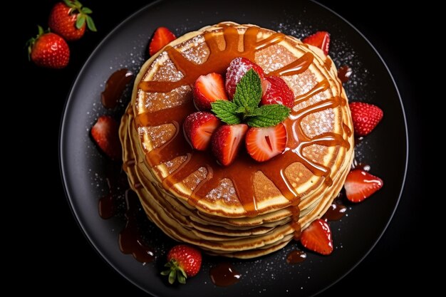 Top view pancake gustosi con miele e fragole su una luce