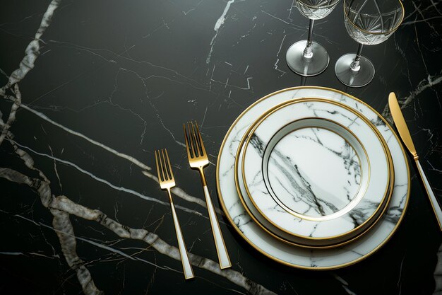 Top view piatti eleganti con forchetta e coltello su sfondo scuro grazia fame pranzo argento
