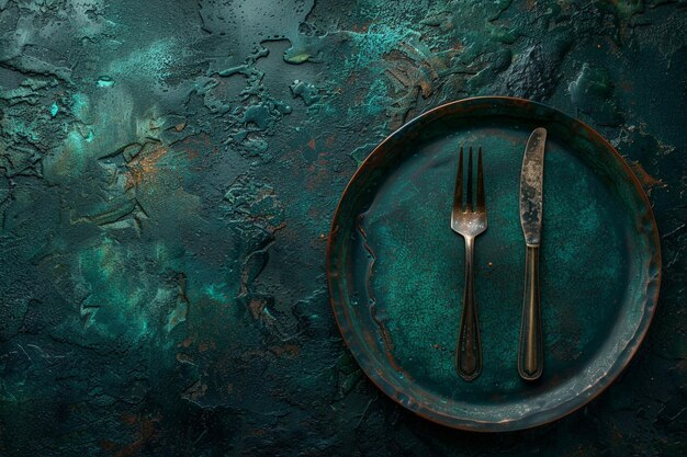 Top view piatti eleganti con forchetta e coltello su sfondo scuro grazia fame pranzo argento