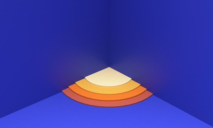 Photo top view podium stage stand showcase cream brown yellow orange blue background wallpaper empty blank