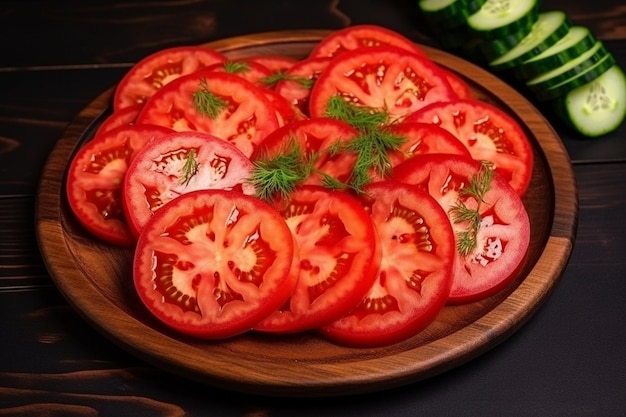 Top view pomodori rossi freschi tagliati con cetrioli insalata fresca su uno spazio marrone