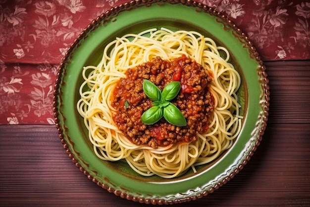 Top view spaghetti cotti con carne macinata sul tavolo rosa pasta pasta piatto condimento