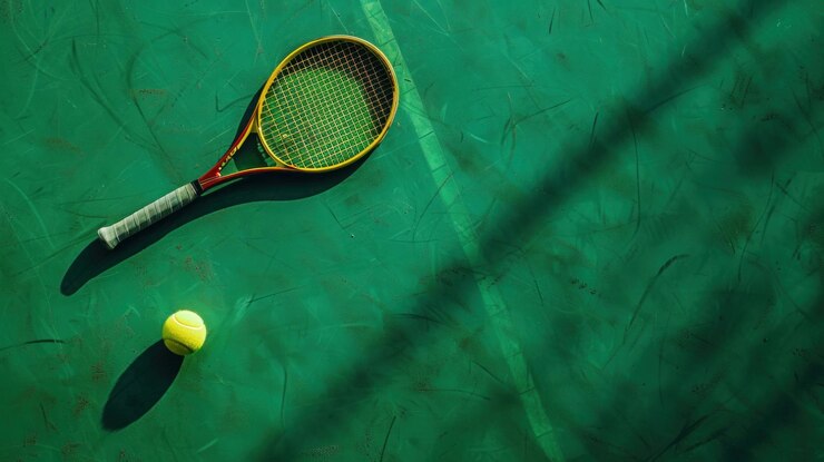 Top view sport equipment of yellow tennis ball and racket on a green court background Generated AI