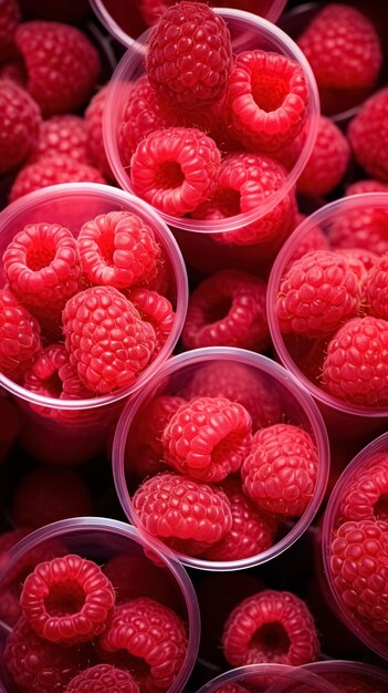 Top view su vetro di plastica sullo scaffale del supermercato con lamponi pronti per andare spuntino sano in tazza