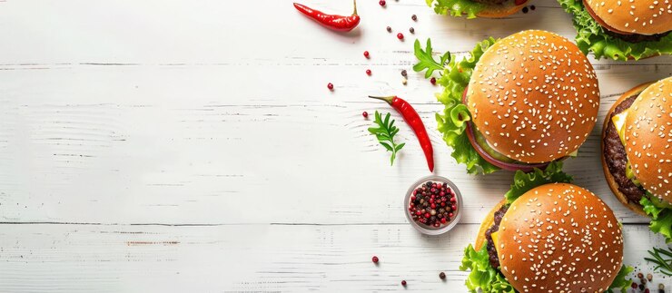 Top view tasty homemade hamburger with vegetables and spices white wooden background Generated AI