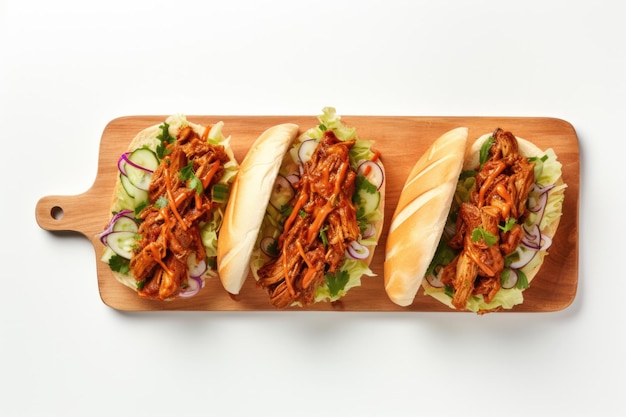 Top View Vegan Jackfruit Bbq Sandwiches su una tavola di legno su sfondo bianco Top View Jack Fruit Bb