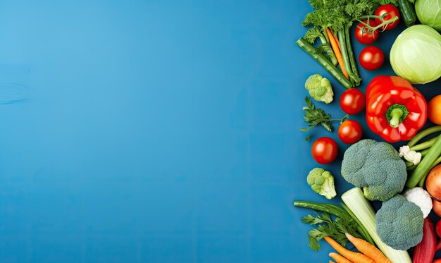 Top view verdure su sfondo blu scuro Copia spazio Ingrediente di cottura carota pomodori cetriolo pepe broccoli cipolla cibo biologico vegetariano banner creato con strumenti generativi di AI