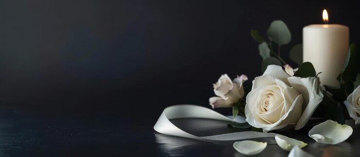 Top view white rose and candle with photo frame and ribbon on dark background Generated AI