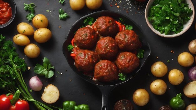 Top vista dello spazio libero tra deliziose polpette pasto con patate verdi e verdure fresche su bl