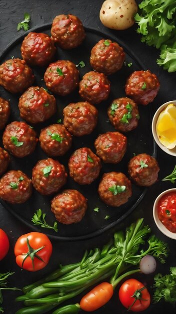 Top vista dello spazio libero tra deliziose polpette pasto con patate verdi e verdure fresche su bl