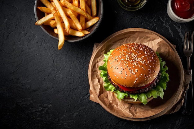 Top vista di casa fatto gustosi hamburger su tavola di pietra nera fast food hamburger gourmet e patatine al buio