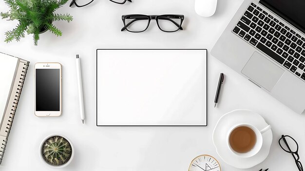 Top vista scrivania da ufficio con portatile notebook smartphone occhiali penna tazza da caffè e piatto orologio cactus e mouse