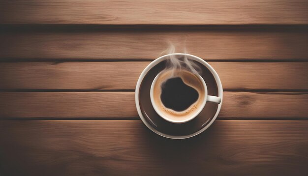 Top vista una tazza di caffè caldo con vapore sopra la coppa impostata sul tavolo di legno