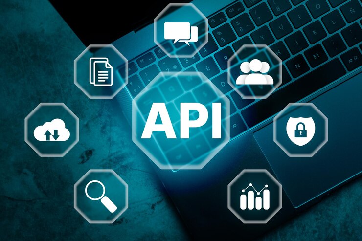 Photo top viw photo of laptop with api word on vr screen and multimedia icons internet and technology
